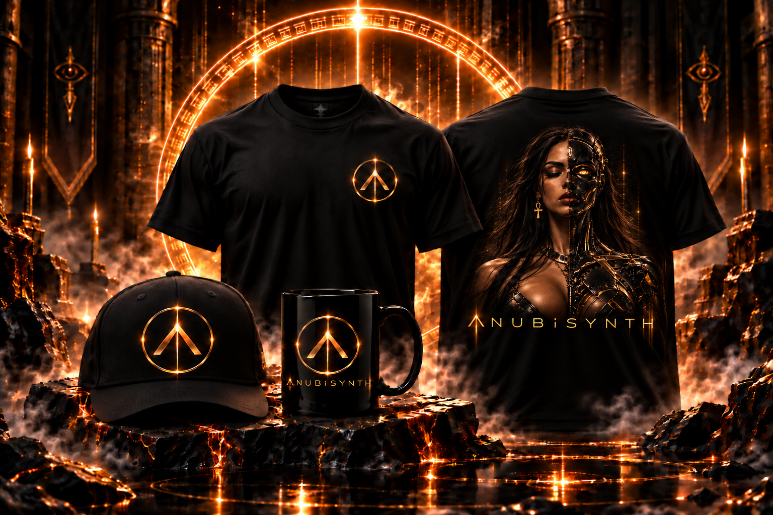 Black ANUBiSYNTH T-shirt with gold chest emblem and cyborg back artwork, matching gold-logo hat and mug
